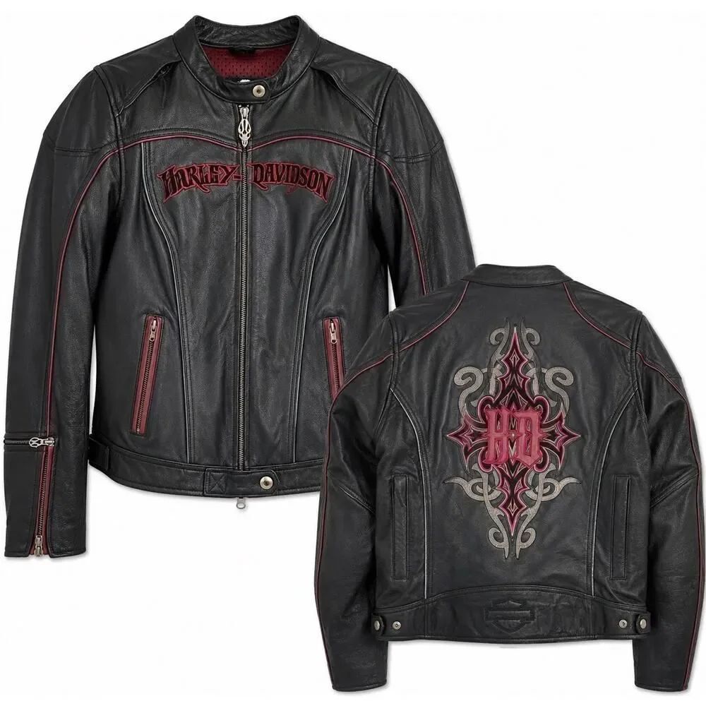 Harley-Davidson Leather Moto Jacket Burgundy Embroidered Biker Jacket Womens S